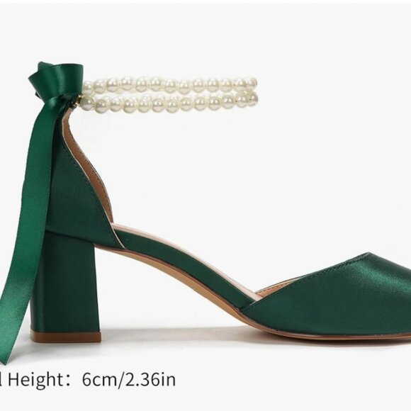 Brand new in box Dark Green Satin Low Block Heels, Pearl and Satin Ankle Strap - Picture 2 of 2